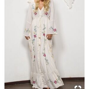 Fillyboo White Embroidered Stevie Duster Button Up Flute Sleeve Boho Maxi Dress